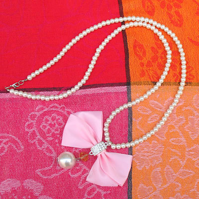 时尚粉色蝴蝶结花朵珍珠长项链带钻
