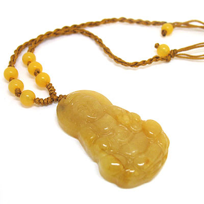 天然黄玉石观音项链/男女佛教饰品佛像挂链